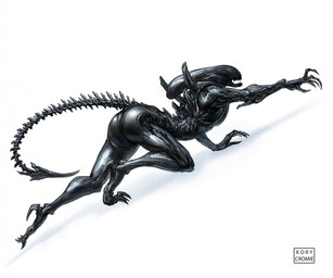 ambiguous_gender arched_back big_butt butt claws crawling feet long_tail simple_background solo tail teeth toe_claws toes white_background kory_cromie alien_(franchise) alien xenomorph 6:5 hi_res signature