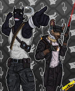 ammo_belt anthro bandage bandaged_head bandaged_neck black_body black_clothing bottomwear camo camo_bottomwear camo_clothing camo_pants camo_print cargo_pants cigarette clothed clothing duo ear_tuft electronics eyewear fingerless_gloves gesture glasses gloves gun hand_gesture handgun handwear hat headgear headphones headset headwear headwrap holding_cigarette holding_object holding_ranged_weapon holding_weapon hook jacket legwear male melee_weapon muscular pants pattern_bottomwear pattern_clothing pattern_pants pistol pointing pouches radio ranged_weapon round_glasses scar shell shirt smile smoking standing tactical_gear tank_top teeth_showing topwear tuft visor_cap weapon aptertheraptor madness_combat deimos_(madness_combat) sanford_(madness_combat) equid equine horse hyena mammal absurd_res hi_res