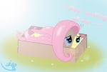 blue_eyes blush box butt container cutie_mark eyelashes female feral foam fur glare grass hair hiding in_box in_container lying orb outside pink_hair plant sky solo text yellow_body yellow_fur nauskills friendship_is_magic hasbro if_it_fits_i_sits_(meme) my_little_pony fluttershy_(mlp) equid equine horse mammal pony english_text meme signature