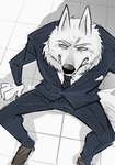 anthro black_nose blue_eyes bodily_fluids bottomwear clothed clothing eyebrows footwear fully_clothed fur male necktie pants shoes solo suit sweat white_body white_ears white_fur white_inner_ear koginoro_28 illumination_entertainment sing_(movie) jimmy_crystal arctic_wolf canid canine canis mammal wolf hi_res