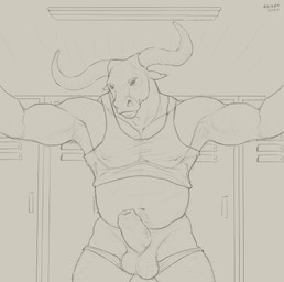 anthro armpit_hair balls bedroom_eyes belly biceps big_balls big_penis body_hair clothed clothing erection foreskin genitals hairy_balls hairy_legs half-closed_eyes happy_trail horn humanoid_genitalia humanoid_penis locker locker_room long_foreskin looking_at_viewer male manly musclegut muscular muscular_anthro muscular_arms muscular_male narrowed_eyes navel nipples partially_clothed partially_clothed_anthro partially_clothed_male pecs penis presenting presenting_balls presenting_penis pubes raised_clothing raised_shirt raised_topwear seductive shirt slightly_chubby solo standing stubble tank_top topwear triceps underwear underwear_down unretracted_foreskin vein veiny_penis aduran bovid bovine cattle mammal 2023 black_and_white hi_res monochrome sketch