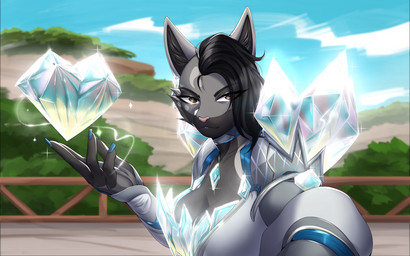 anthro breasts clothing cosplay costume crystal detailed_background diamond_(gem) diamonds_(suit) elegant_dress female gem heart_symbol solo suit_symbol toony yunnylynx marvel marvel_rivals blanche_(rainy) felid feline leopard mammal pantherine snow_leopard 16:10 detailed hi_res widescreen