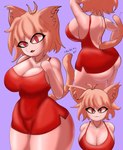 ahoge animal_ears animal_tail big_breasts big_butt blonde_hair breasts butt cat_smile cleavage clothed clothing dress eyelashes featureless_hands female front_view fur hair huge_breasts jewelry looking_at_viewer necklace purple_background rear_view red_clothing red_dress red_eyes short_hair simple_background solo tan_body tan_fur tan_skin thick_thighs nyarlarsche tsukihime type-moon neco-arc animal_humanoid cat_humanoid felid felid_humanoid feline feline_humanoid humanoid mammal mammal_humanoid absurd_res hi_res