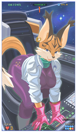 anthro big_breasts black_body black_fur border breasts clothing cockpit ear_piercing ear_ring female female_anthro front_view fur gameplay_mechanics gloves handwear jacket looking_at_viewer piercing purple_clothing purple_suit ring_piercing scarf solo suit tail topwear white_body white_border white_clothing white_fur white_jacket white_topwear yellow_body yellow_fur chzzei nintendo star_fox miyu_(star_fox) felid feline lynx mammal 2025 digital_media_(artwork) digital_painting_(artwork) hi_res painting_(artwork) shaded