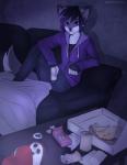 2018 5_fingers anthro bedding biped blanket bottomwear can canid canine canis clothed clothing container detailed_background digital_media_(artwork) ear_piercing english_text facial_piercing fingers food fully_clothed furniture hair hi_res holding_object holidays hoodie humanoid_hands inside looking_at_viewer male mammal multicolored_hair nayel-ie on_sofa pants piercing pizza pizza_box purple_eyes purple_hair signature sitting slate_wolf sofa solo text topwear valentine's_day wolf
