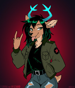 2_horns 5_fingers anthro antlers belt belt_buckle biped black_belt black_clothing black_hair black_nose black_shirt black_topwear blue_antlers blue_horn bottomwear breasts buckle clothed clothing countershade_ears countershade_fur countershade_hands countershade_neck countershade_tail countershading denim denim_bottomwear denim_clothing devil_horns_(gesture) ear_piercing ear_ring eyebrow_through_hair eyebrows eyelashes eyelashes_through_hair female fingers front_view fully_clothed fur gesture gradient_background gradient_horn green_clothing green_eyes green_jacket green_topwear grey_bottomwear grey_clothing grey_jeans grey_pants hair hand_gesture hand_in_pocket horn inner_ear_fluff iridescent_hair jacket jeans medium_hair multicolored_body multicolored_fur narrowed_eyes open_mouth pants piercing pink_tongue pockets pupils red_background ring_piercing scut_tail shirt short_tail simple_background slit_pupils smooth_horn snout solo tail teeth text tongue tongue_out tongue_piercing topwear torn_bottomwear torn_clothing torn_jeans torn_pants translucent translucent_hair tuft two_tone_body two_tone_fur terrathewizard deltarune undertale_(series) dess_holiday deer mammal 2025 artist_name dated digital_drawing_(artwork) digital_media_(artwork) flat_colors hi_res portrait three-quarter_portrait