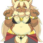 4_fingers anthro belly big_breasts blonde_hair bodily_fluids bracelet breasts brown_body brown_fur exposed_thighs fangs female fingers fur gold_(metal) gold_bracelet gold_clothing gold_jewelry gold_necklace hair inner_thigh jewelry long_hair mismatched_sexual_dimorphism multicolored_body multicolored_fur navel neck_tuft necklace open_mouth raised_arms simple_background skimpy_bottomwear skimpy_topwear slightly_chubby slightly_chubby_anthro slightly_chubby_female solo sweat tan_body tan_fur teeth thick_thighs thin_eyebrows tuft two_tone_body two_tone_fur white_background wide_hips yellow_eyes rin_hitsuki cyberconnect2 drecom full_bokko_heroes dawon_(full_bokko_heroes) felid lion mammal pantherine 1:1 2025 digital_media_(artwork) hi_res
