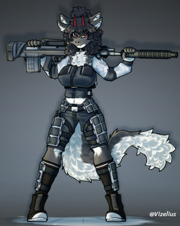 4_ears anthro athletic athletic_female camo clothed clothing collar female fluffy fluffy_tail fur gun horn military_uniform multi_ear neck_tuft oto_outfit ranged_weapon rifle silencer solo tail tail_tuft tuft uniform weapon vizelius mythology dragon furred_dragon furred_scalie mythological_creature mythological_scalie scalie hi_res