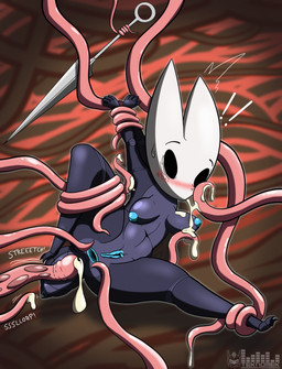 angry anthro anus arthropod_abdomen arthropod_abdomen_genitalia black_body blush breasts clitoris female gaping gaping_anus genitals nipples restrained restrained_arms restrained_by_tentacles sex solo surprised tentacle_sex tentacles vulva teknomekanoid hollow_knight_(franchise) team_cherry hornet_(hollow_knight) arthropod absurd_res hi_res