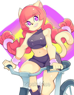 anthro armlet bicycle braided_hair clothing crop_top female fur hair shirt solo tail topwear vehicle yellow_body yellow_fur zipskyblue kyoko_(zipskyblue) felid feline mammal hi_res