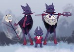 anthro clothed clothing fluffy group holding_object holding_weapon looking_at_viewer male outside pointy_ears prick_ears red_eyes size_difference staff standing trio weapon unknown_artist cult_of_the_lamb massive_monster_(studio) aym_(cult_of_the_lamb) baal_(cult_of_the_lamb) narinder the_one_who_waits domestic_cat felid feline felis mammal