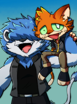 anthro blue_body blue_fur blue_hair bottomwear claws clothing countershade_face countershade_fur countershade_torso countershading covered_eyes duo fangs fur green_eyes hair hand_on_arm hand_on_head hoodie jacket looking_at_viewer male male/male mane markings muscular muscular_male one_eye_closed orange_body orange_fur pants paws raised_arm red_nose romantic romantic_couple shirt sitting sitting_on_shoulder size_difference smile standing striped_body striped_markings stripes tan_body tan_fur teeth tongue topwear whiskers white_body white_fur wink conditional_dnp kazoko_(artist) blue_(bluedeluge) kazoko_(character) domestic_cat felid feline felis lion mammal pantherine hi_res