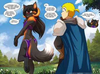 4_toes 5_fingers after_transformation alternate_species anthro armor biped black_body black_fur black_tail blonde_hair blush bottomwear brown_eyes butt cape cheek_tuft chest_tuft claws clothed clothed_anthro clothed_female clothed_human clothed_male clothing dialogue digitigrade dipstick_tail duo facial_tuft feet female finger_claws fingers fully_clothed fully_clothed_anthro fully_clothed_female fully_clothed_human fully_clothed_male fur furgonomics hair horn loincloth long_hair looking_at_another looking_back looking_back_at_another male markings midriff on_one_leg one_leg_up orange_eyes pauldron pawpads paws pelvic_curtain raised_leg rear_view skimpy speech_bubble standing tail tail_markings tail_motion tailwag text toe_claws toes topwear tuft conditional_dnp tom_fischbach twokinds keiren_(twokinds) madam_reni_(twokinds) canid canine fox human keidran mammal 2025 digital_drawing_(artwork) digital_media_(artwork) english_text hi_res url