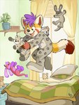 4_fingers alarm_clock anthro bamboo bed biped clock clothing curtains fingers furniture male onesie open_mouth open_smile pillow plushie smile solo window young young_anthro young_male pandapaco ailurid mammal red_panda digital_media_(artwork) hi_res procreate_(artwork)