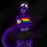 anthro bottomwear chain clothing ear_piercing female heterochromia horn industrial_piercing lgbt_pride piercing pride_colors progressive_pride_flag skirt solo topwear transgender_pride_colors tube_top rimann iris_grim felid lycafel mammal prehistoric_species saber-toothed_tiger absurd_res hi_res