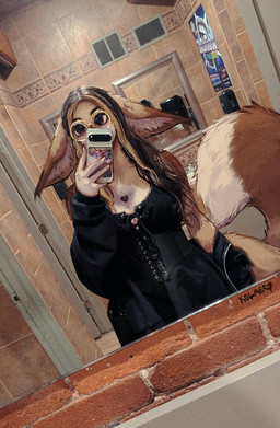 alternative_fashion big_tail brown_body brown_eyes brown_fur brown_tail cellphone dipstick_tail electronics eyewear female fur glasses goth hair holding_cellphone holding_object holding_phone holding_smartphone humanoid_hands jewelry long_hair looking_at_viewer markings mirror_selfie necklace phone round_glasses selfie smartphone solo tail tail_markings taking_picture taking_selfie tan_body tan_fur tan_tail_tip wearing_glasses kolae sepphie_(sepphie) canid canine fennec_fox fox mammal true_fox 2025 digital_drawing_(artwork) digital_media_(artwork) draw_over english_description hi_res