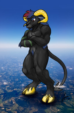 above_clouds anthro black_body black_fur crossed_arms extreme_size_difference fur gael_(kurrikage) grumpy hair hooves horn male muscular size_difference solo tail tattoo mythaw kurrikage bovid caprine mammal sheep 2018 hi_res