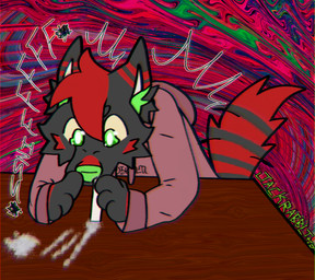abstract_background ambiguous_gender anthro drug_abuse drugs furniture ketamine powder powder_ketamine snort snorting snorting_drugs snorting_ketamine solo substance_intoxication table text jackrabbit_(artist) ruffle_(hellfur) canid canine canis fox hybrid mammal wolf 2025 chromatic_aberration english_text half-length_portrait hi_res portrait signature