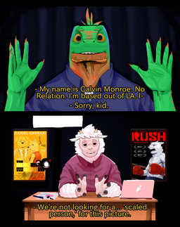 accessory anthro boxing_gloves claws clothed clothing computer curtains desk detailed_background dress duo electronics female finger_claws furniture green_body handwear hoof_hands horn interview laptop male movie_poster necktie open_mouth poster shirt suit t-shirt table text topwear white_body yellow_sclera wonder3mporium bovid caprine iguana iguanid lizard mammal reptile scalie sheep 2026 absurd_res comic digital_media_(artwork) english_text hi_res