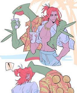 aloha_shirt anthro arm_around_partner arm_around_shoulders beverage bottomwear chain_necklace clothing container cup drinking duo exclamation_point hand_in_pocket jewelry male male/male necklace palm_tree pattern_clothing pattern_shirt pattern_topwear plant pockets shirt shorts smile surprise_kiss swimming_trunks swimwear topwear tree laiweitui nintendo pokemon a_mu_(laiweitui) fang_yuan_(laiweitui) pokemon_trainer generation_3_pokemon human mammal pokemon_(species) reptile scalie sceptile hi_res
