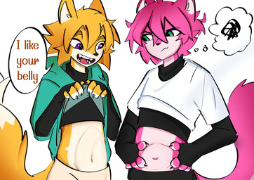 4_fingers anthro belly clothed clothing clothing_lift dialogue duo eyebrows fingers fur hair male male/male multicolored_body multicolored_fur navel pink_body pink_fur pink_hair smile speech_bubble tail kunfen canid canine fox mammal hi_res