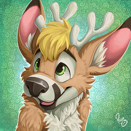 anthro antlers arm_tuft blonde_hair brown_body brown_fur cheek_tuft chest_tuft facial_tuft fur glistening glistening_eyes green_eyes hair horn inner_ear_fluff logo male nude open_mouth pattern_background pink_inner_ear short_hair shoulder_tuft simple_background solo tuft white_antlers white_body white_fur white_inner_ear_fluff young young_anthro young_male pandapaco deer mammal 1:1 artist_logo signature