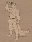 anthro chest_tattoo drinking eyes_closed facial_markings head_markings male markings mouth_strap muscular no_shirt solo spikes tail tattoo teeth thick_tail tools wrench zinthings dislyte lilith_games daylon_(dislyte) crocodile crocodilian reptile scalie