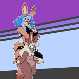 5_fingers anthro big_breasts blonde_hair blue_eyes breasts brown_body brown_fur buckteeth clothing crossed_arms duo eyewear female female/female fingers fur genitals glasses hair lingerie looking_up navel nipples shortstack shortstack_female simple_background size_difference slightly_chubby smile strapon tail teeth vulva cinnamimi cupcake_sugarplum lazuli_delarosa lagomorph leporid mammal rabbit 1:1 2025 digital_media_(artwork) hi_res
