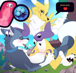 3_claws 3_fingers 3_toes animal_genitalia animal_penis anthro anthro_on_anthro anthro_penetrated anthro_penetrating anthro_penetrating_anthro biped black_claws black_nose black_pawpads blue_body blue_collar blue_ears blue_eyes blue_fur blue_sky blue_tail bodily_fluids canine_genitalia canine_penis claws clitoris clothed clothed_anthro clothed_female clothed_male clothing collar collar_only cowgirl_position cum cum_from_vagina cum_in_uterus cum_in_vagina cum_inside cutaway day detailed_background dialogue digitigrade dipstick_ears dipstick_tail duo ear_markings ejaculation entwined_tails eyelashes eyes_closed facial_markings featureless_chest feet female female_anthro female_on_top female_penetrated finger_claws fingers from_front_position fungus fur fur_markings genital_fluids genitals gloves grass handwear head_markings heart_symbol impregnation inner_ear_fluff internal internal_vaginal knot knotted_penis knotting leaf leg_markings looking_pleasured lying male male/female male_anthro male_on_bottom male_penetrating male_penetrating_female markings mostly_nude mostly_nude_anthro mostly_nude_female mostly_nude_male multicolored_body multicolored_ears multicolored_fur multicolored_tail mushroom nature neck_tuft nude nude_anthro nude_female nude_male on_back on_bottom on_grass on_ground on_top orgasm orgasm_face outside outside_sex ovum pawpads penetration penile penile_penetration penis penis_in_vagina pink_clitoris pink_penis plant purple_body purple_clothing purple_fur purple_gloves purple_handwear purple_markings red_tongue rock sea seaside sex sky smile smiling_at_another smiling_at_partner snout speech_bubble tail tail_coil tail_markings text toe_claws toes tongue tongue_out tree tree_trunk tuft two_tone_ears two_tone_tail uterus vaginal vaginal_canal vaginal_penetration water white_body white_ear_tips white_ears white_fur white_inner_ear white_inner_ear_fluff white_tail white_tail_tip yellow_ears yellow_tail yin_yang meraence bandai_namco digimon canid canine canis digimon_(species) fox mammal renamon wolf 2024 digital_drawing_(artwork) digital_media_(artwork) english_text hi_res