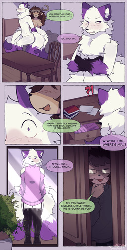 2_horns acceptance after_sex ajar anthro antlers areola bed bedroom black_border blush bodily_fluids book book_stack border bottomwear breasts brown_body brown_fur brown_hair chair cheek_tuft clothed clothing confident_female crossdressing crossed_arms detailed_background dialogue dipstick_ears door drawer duo ear_markings embarrased_horny embarrassed exclamation_point exposed_shoulder eyebrows eyes_closed eyewear facial_tuft female female_anthro femboy feminization fluffy fluffy_tail fox_tail fur furniture garter_straps glasses gloves_(marking) green_eyes grey_blanket grey_turtleneck hair hand_on_chin highlights_(coloring) horn inner_ear_fluff latex latex_clothing latex_legwear leg_markings legs_together legwear looking_at_another looking_at_self looking_away looking_back looking_back_at_self looking_down looking_over male male/female male_anthro markings mirror mirror_reflection multi_tail multicolored_ears neck_tuft nervous nervous_smile nervous_sweat nipples nude on_bed onomatopoeia open_drawer open_mouth panicking paper pink_bottomwear pink_clothing pink_skirt plant plant_pot purple_ear_tips purple_ears purple_eyes purple_highlights question_mark reflection seductive shrub sitting sitting_on_bed skirt smile smirk smug_grin socks_(marking) sound_effects spying sweat sweater table tail tan_body tan_fur teeth text topwear tuft turtleneck voyeur wearing_glasses whispering whispering_in_ear white_body white_border white_fur white_tuft white_wall wide_eyed wood wood_chair wood_door wood_door_knob wood_dresser wood_furniture wood_table sonofan mirande_(deustchy) rook_(rookarino4277) canid canine cervine deer fox mammal absurd_res comic english_text hi_res