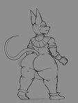 anthro backsack balls big_butt bodily_fluids butt clothing footwear genitals hairless looking_at_viewer looking_back male mostly_nude simple_background solo standing sweat thick_thighs locitony dragon_ball dragon_ball_super beerus domestic_cat felid feline felis hairless_cat mammal sphynx_(cat) 2021 digital_media_(artwork) hi_res monochrome