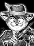 anthro bowed_string_instrument claws clothing ears_up fangs feathers front_view fur hat hat_feather headgear headwear holding_musical_instrument holding_object holding_violin holding_violin_bow jacket looking_at_viewer loose_feather male musical_instrument necktie notched_ear smile smiling_at_viewer smirk solo string_instrument teeth topwear violin violin_bow wide_eyed nikraccoom lackadaisy rocky_rickaby domestic_cat felid feline felis mammal 2023 hi_res monochrome portrait signature