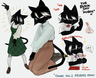 5_fingers anthro apron arms_bent bangs biped black_body black_ears black_hair black_tail bottomwear brown_bottomwear brown_clothing brown_pants clothed clothed_anthro clothed_female clothing collared_shirt dialogue directional_arrow disembodied_hand duo emanata exclamation_point eyelashes eyes_closed female female_anthro fingers footwear fully_clothed fully_clothed_anthro fully_clothed_female gesture green_apron green_clothing hair hand_gesture highlights_(coloring) holding_object iris kneeling legwear looking_at_viewer monotone_body mouthless noseless pants pupils shirt shoes simple_background solo_focus sparkles speech_bubble standing stockings tail text topwear v_sign white_background white_clothing white_eyes white_highlights white_legwear white_sclera white_shirt white_stockings white_topwear akiko_(artist) kuroi-san_(hiroki_katsumata) domestic_cat felid feline felis mammal 2026 absurd_res digital_drawing_(artwork) digital_media_(artwork) english_text handwritten_text hi_res multiple_images