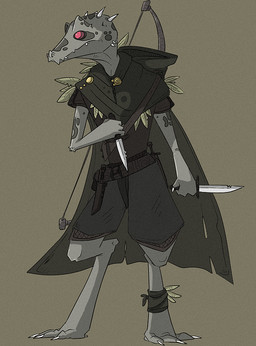 anthro bow_(weapon) cape claws clothing dagger fangs grey_body grey_scales horn male melee_weapon ranged_weapon red_eyes scales simple_background teeth weapon keebles kobold scalie