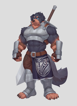abs anthro arm_brace armor barazoku belt belt_buckle big_muscles big_shoulders black_claws blue_eyes breastplate broadsword buckle bulge claws floppy_ears fluffy fluffy_tail greaves knight male melee_weapon muscular muscular_arms navel neck_tuft serious_face solo sword tail tuft unconvincing_armor warrior weapon ronci arcane_shop theo_(arcane_shop) canid canine canis domestic_dog mammal mastiff molosser rottweiler hi_res