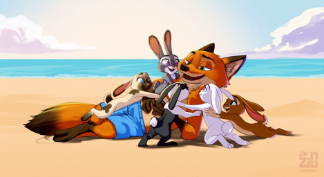 anthro barefoot beach biped black_body black_fur blue_eyes brown_body brown_fur clothed clothed_anthro clothed_male clothing day digitigrade feet female female_anthro flat_chested fur green_eyes grey_body grey_fur group interspecies logo long_ears lying male male/female male_anthro multicolored_body multicolored_fur nude nude_anthro nude_female on_side open_mouth orange_body orange_fur outdoor_nudity outside plantigrade predator/prey public public_nudity purple_eyes scut_tail seaside short_tail swimming_trunks swimwear tail tan_body tan_fur teeth text three-quarter_view toes white_body white_fur zigrock001 disney zootopia judy_hopps nick_wilde canid canine european_rabbit fox lagomorph leporid mammal oryctolagus rabbit red_fox true_fox absurd_res artist_logo artist_name digital_drawing_(artwork) digital_media_(artwork) english_text hi_res shaded simple_shading