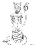 anthro armwear belly blush breasts cat_ear_panties cat_tail clothed clothing collar female footwear fur hair leash looking_at_viewer piercing sex_toy shoes smile solo tail underwear haloluli monster_prom valerie_oberlin felid feline felis mammal monster hi_res monochrome