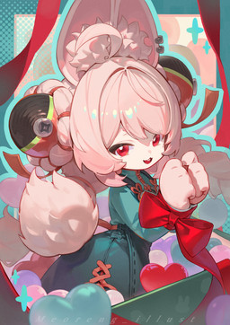ahoge anthro bound braided_pigtails clothed clothed_anthro clothed_female clothing female fully_clothed fully_clothed_anthro fully_clothed_female fur hair hands_tied inner_ear_fluff pink_body pink_fur pink_hair red_eyes ribbons scut_tail short_tail tail tuft meoreng_illust mihoyo zenless_zone_zero zhao_(zenless_zone_zero) lagomorph leporid mammal rabbit thiren absurd_res hi_res
