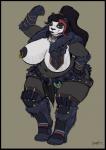 anthro armor big_breasts black_body black_fur black_nose breasts curvy_figure female fur grey_background hand_on_hip huge_breasts multicolored_body multicolored_fur musclegut muscular muscular_female nipple_piercing nipples piercing simple_background slightly_chubby solo stocky thick_thighs unconvincing_armor voluptuous white_body white_fur wide_hips greasymojo blizzard_entertainment capcom monster_hunter warcraft ikusame bear mammal pandaren 2019 absurd_res hi_res