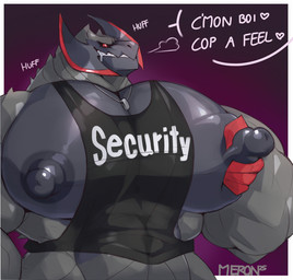 abs anthro anthrofied areola biceps big_arms big_muscles big_nipples big_pecs black_clothing black_outline black_shirt black_tank_top black_topwear bodily_fluids border breath clenched_teeth clothing dog_tags drooling grabbing_own_pecs grabbing_pec gradient_background grey_arms grey_background grey_neck heart_symbol huge_muscles huge_nipples huge_pecs male muscular muscular_anthro muscular_arms muscular_male nipple_dip nipple_fetish nipple_pinch nipple_play nipples onomatopoeia outline pec_grab pec_squeeze pecs pecs_focus pinch pinching_own_nipple pokemorph purple_background red_eyes red_fingers saliva security security_guard security_tank_top shirt simple_background solo sound_effects squeezing_pec tank_top teeth text text_on_clothing text_on_shirt text_on_tank_top text_on_topwear thick_arms thick_neck topwear white_border white_text merong nintendo pokemon generation_5_pokemon haxorus pokemon_(species) shiny_pokemon 2025 artist_name digital_drawing_(artwork) digital_media_(artwork) english_text signature