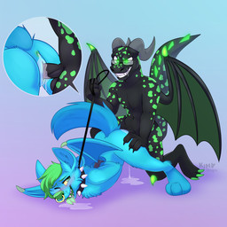 3_toes 4_fingers anthro anthro_on_anthro anthro_penetrated anthro_penetrating anthro_penetrating_anthro anus black_penis blush bodily_fluids collar dominant dominant_male duo eyewear facial_piercing fangs feet female female_penetrated fingers flat_chested fluffy genital_fluids genitals glasses glowing glowing_eyes green_anus green_vulva hair horn humanoid_genitalia humanoid_penis interspecies leash leash_pull male male/female male_penetrating male_penetrating_female nose_piercing penetration penis piercing septum_piercing sex spiked_collar spikes spread_legs spreading submissive submissive_female tail teeth toes tongue tongue_out vaginal_fluids vulva wings nokasdungeon mythology canid canine canis coyote dragon hybrid mammal mythological_creature mythological_scalie scalie 1:1 absurd_res hi_res