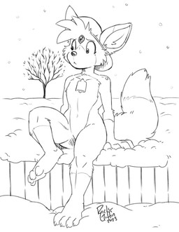 anthro claws clothing eyebrows fluffy fluffy_tail fur hat hat_only headgear headgear_only headwear headwear_only machine male mostly_nude nude plant sitting snow snowing solo tail tree rick_griffin android robot 2023 hi_res monochrome sketch