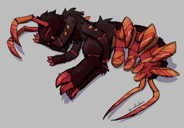 4_arms ambiguous_gender antennae_(anatomy) anthro brown_body brown_fur claws eyes_closed fur grey_background lying multi_arm multi_limb on_side orange_body red_body red_claws red_eyes simple_background sleeping solo privafuchsia kaiju_paradise arthropod centipede crawlipede_(kaiju_paradise) gootraxian myriapod 2026 digital_drawing_(artwork) digital_media_(artwork)
