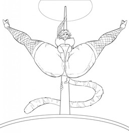 anthro anus balls biped breasts clothed clothing dancing fishnet_clothing footwear genitals herm high_heels intersex looking_at_viewer nipples platform_footwear platform_heels pole pole_dancing shoes skimpy smile solo spread_legs spreading stripper thick_thighs underwear vulva thelionfish felid mammal greyscale hi_res monochrome
