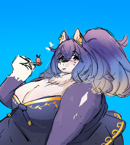 anthro big_breasts black_nose blonde_hair blue_background blue_hair blush bodily_fluids breasts cleavage clothed clothing cutlery dress ear_piercing ear_ring eyebrow_through_hair eyebrows eyewear female food fruit fur glasses glistening glistening_body gloves_(marking) gold_dress hair half-rim_glasses holding_spoon huge_breasts kemono kitchen_utensils looking_at_viewer markings multicolored_body multicolored_hair neck_tuft obese obese_anthro obese_female open_mouth overweight overweight_anthro overweight_female piercing plant purple_body purple_clothing purple_dress purple_eyes purple_fur purple_hair ring_piercing side_view simple_background snout solo spoon strawberry sweat sweatdrop tools translucent translucent_hair tuft white_body white_fur onlysoryu lifewonders tokyo_afterschool_summoners hecate_(tas) canid canine canis domestic_dog mammal 2023 absurd_res half-length_portrait hi_res portrait