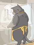 anthro appliance apron black_body clothing cooking detailed_background fridge kemono kitchen kitchen_appliance slightly_chubby solo spatula tail tools fugashi4090 the_masterful_cat_is_depressed_again_today yukichi domestic_cat felid feline felis mammal 2024