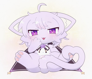 alternate_species anthro blush bodily_fluids cape cloak cloak_only clothed clothing female furrification heart_symbol heart_tail kemono looking_at_viewer lying naturally_censored navel on_back partially_clothed pawpads purple_body purple_eyes simple_background smile smiling_at_viewer smirk smirking_at_viewer solo suggestive_pose sweat sweatdrop tail fiendingcat hololive vtuber okayu_nekomata felid feline mammal absurd_res hi_res