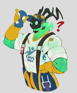 anthro biceps bottomwear clothed clothing gloves green_body green_eyes handwear headgear male muscular muscular_anthro muscular_male pecs question_mark shirt simple_background solo sponge topwear yourboi_lynno league_of_legends riot_games tencent thresh ghost spirit