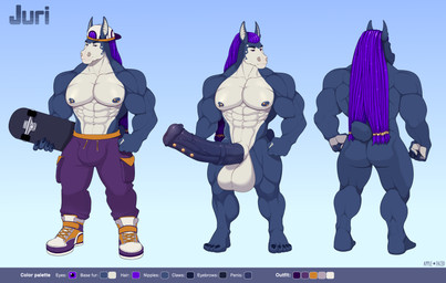 animal_genitalia animal_penis anthro balls barazoku barbell_piercing big_balls big_muscles big_penis blue_body blue_nipples blue_penis bottomwear bulge clothed clothing dreadlocks equine_genitalia equine_penis footwear frenum_ladder frenum_piercing front_view genital_piercing genitals hair hat headgear headwear huge_balls huge_penis ladder_piercing male medial_ring mouth_closed muscular muscular_anthro muscular_male narrowed_eyes nipple_barbell nipple_piercing nipples nude overly_muscular pants penis penis_piercing piercing purple_bottomwear purple_clothing purple_eyes purple_footwear purple_hair purple_pants purple_shoes rear_view shoes solo standing text topless vein veiny_penis white_body white_clothing white_footwear white_hat white_headwear white_shoes apple-faced juri_(traustur) equid equine horse mammal artist_name english_text hi_res model_sheet