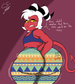 big_butt bottom_heavy bra butt clothing digging_into_butt femboy feminine flare_pants male solo sports_bra text underwear worried_look crimsonstudios1 hellaverse helluva_boss yeah_i_have_a_type_(meme) moxxie_(helluva_boss) demon imp english_text hi_res